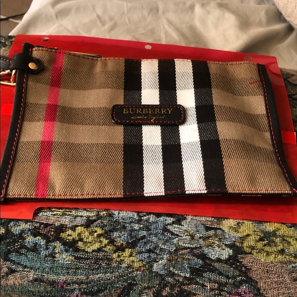Burberry Tan Check Canvas Wrist Pouch with Black, White and Red Accents